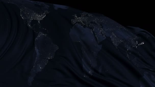 标记与行星地球在夜间的纹理 旗帜在风中顺利发展 风浪在旗子上蔓延 平滑运动的标志的这个版本几乎适用于任何视频 — 图库视频影像