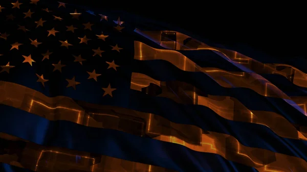 3d representación de la bandera americana hecha en estilo cibernético. La bandera se desarrolla suavemente en el viento — Foto de Stock