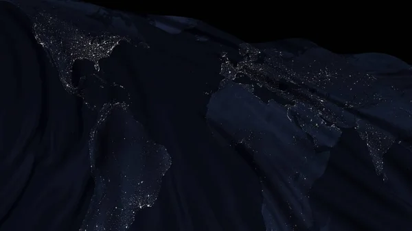 Renderowanie 3D flagi z fakturą planety Ziemia w nocy. Flaga rozwija się płynnie w wiatr — Zdjęcie stockowe