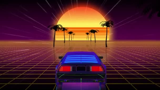 80年代科幻小说风格的明亮复古未来世界的计算机空间 未来汽车在虚拟空间中的运动 — 图库视频影像