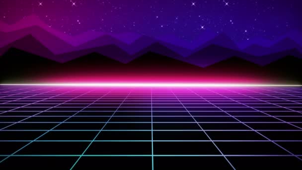 Retro futuristic bright flight over the grid, seamless background 80s retro fantasy. Looped