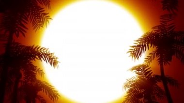 Güneşin arka planında palmiye ağaçları olan geçmişe dönük fütüristik arka plan. 80 'lerin tarzında bilgisayar animasyonu. Döngülü
