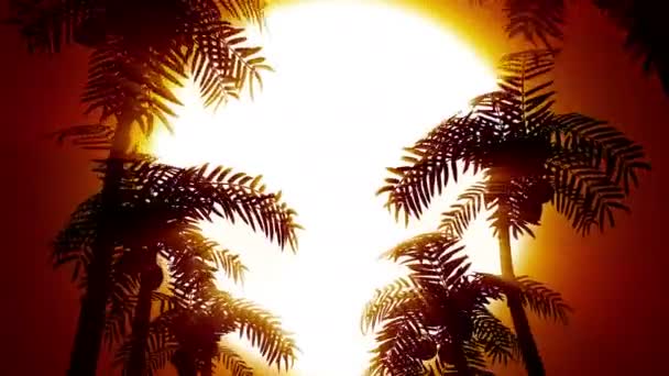 太陽を背景にヤシの木とレトロな未来的な背景 80年代スタイルのコンピュータアニメーション ループ状 — ストック動画