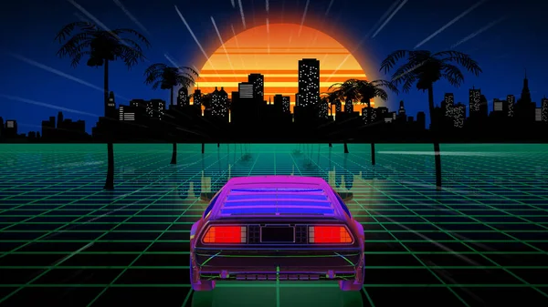 80年代のSFスタイルのコンピュータ空間の明るいレトロな未来の世界 — ストック写真