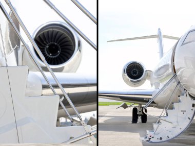 Bir modern özel jet uçak - Bombardier Global Express merdiven Jet motoru ile iki fotoğraf koleksiyonu