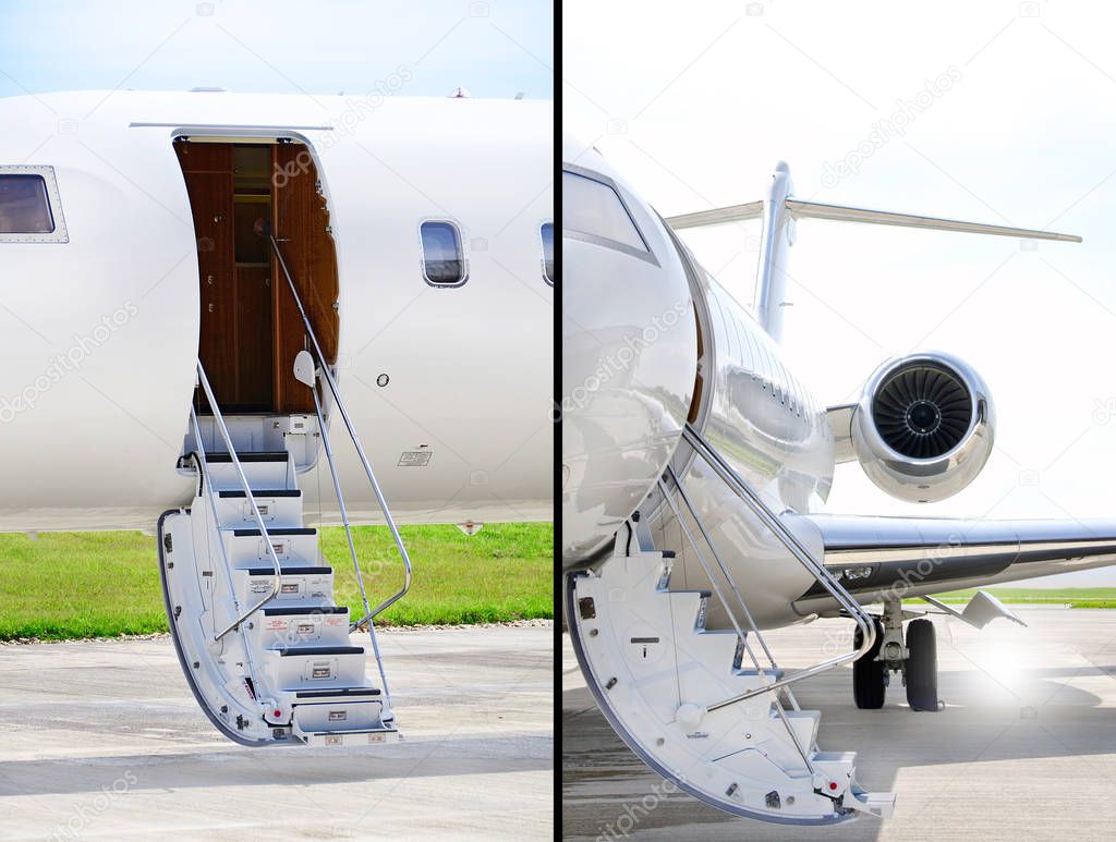 Collection of two photos of Stairs with Jet Engine on a modern private jet airplane - Bombardier Global Express