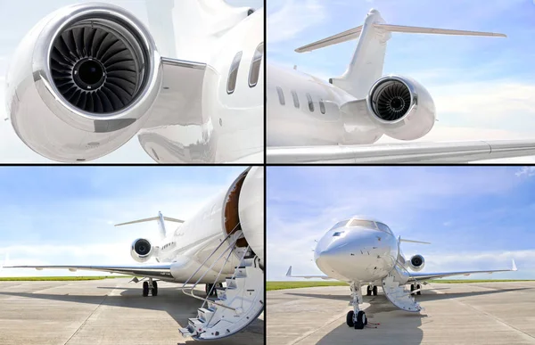 Verzameling van vier foto's van luxe privé jet vliegtuigen — Stockfoto