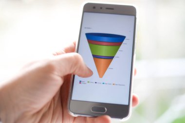 Erkek el ile pazarlama satış huni grafiğe bir akıllı telefon tutarak