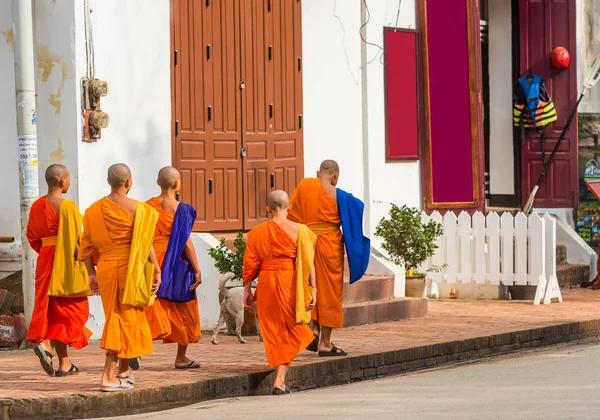 Monaci Una Strada Cittadina Luang Prabang Laos Copia Spazio Testo — Foto Stock