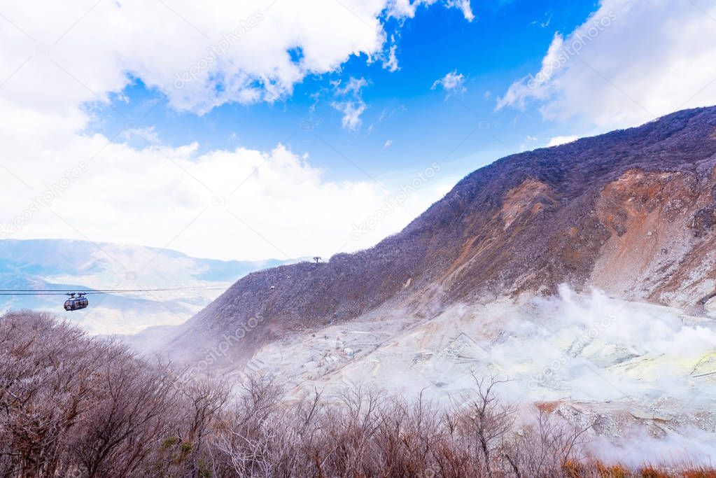 Owakudani is geothermal valley with active sulfur vents and hot springs in Hakone, Japan. Copy space for text
