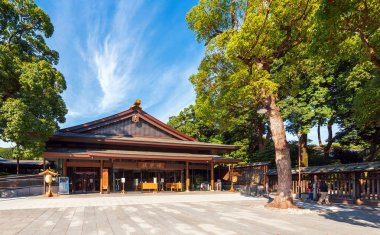 Tokyo, Japonya - 7 Kasım 2017: Görünüm Tapınağı Meiji-Schrein. Metin için yer kopyalayın