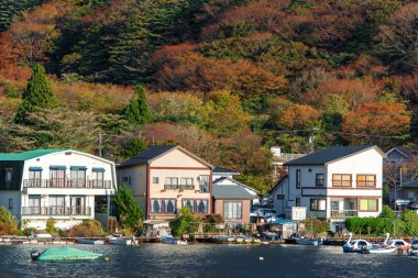 Nehrin ASHI Hakone, Japonya'da iskelede. Metin için yer kopyalayın