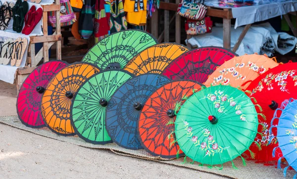 Multi Colored Umbrellas Local Market Bagan Myanmar Copy Space Text — Stock Photo, Image