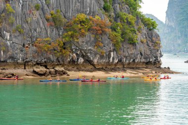 Halong, Vietnam - 16 Aralık 2016: Grup kayaks Bay insan. Metin için yer kopyalayın      