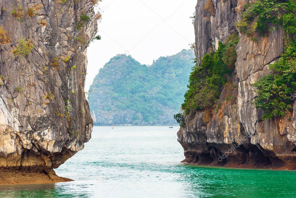 View of the rocky landscape in Halong, Vietnam. Copy space for text