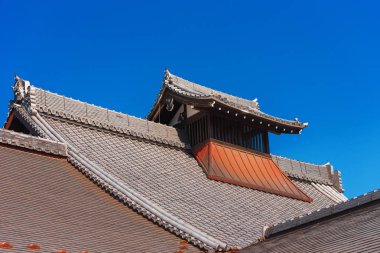 Binanın, Kyoto, Japonya oyma ahşap çatı görünümü. Metin için yer kopyalayın. Üzerinde mavi arka plan izole      