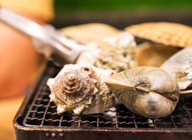 Yumuşakçalar yanıyor, Tokyo, Japonya bir kafede pişirilir. Yakın çekim