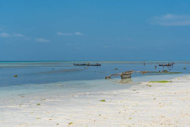 Zanzibar, Tanzanya 12 Şubat 2020: Zanzibar Adası 'nın tropik beyaz plajı. Tanzanya 'da. İnsanlar sahilde mavi gökyüzü ve balıkçı tekneleriyle yürüyor.