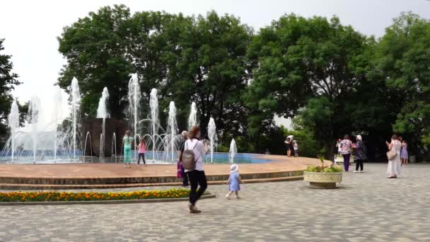 Fontaine au parc municipal de Zheleznovodsk avec des enfants heureux de jouer — Video