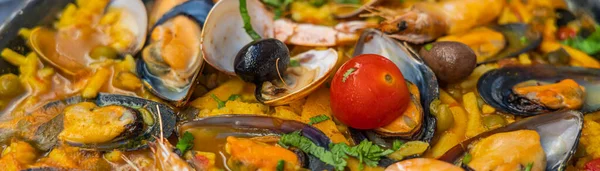 Hiszpańskie Owoce Morza Paella Marisco Paella Marinera Małżami Skorupiakami Krewetkami — Zdjęcie stockowe