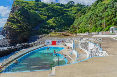 Nordeste, Portugal September 4. 2020: Piscina Natural Da Boca De Ribeira, Nordeste, Sao Miguel Atlantic Ocean. Natural pool at the sea, Portugal.