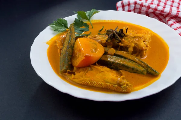 Plat Curry Poisson Épicé Savoureux Cuisine Traditionnelle Malaisienne Concentration Sélective — Photo