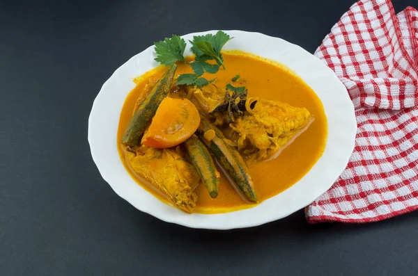 Plat Curry Poisson Épicé Savoureux Cuisine Traditionnelle Malaisienne Concentration Sélective — Photo