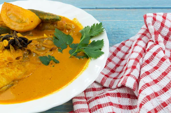 Spicy Tasty Fish Curry Dish Traditional Malaysian Cuisine Selective Focus — Stock Photo, Image