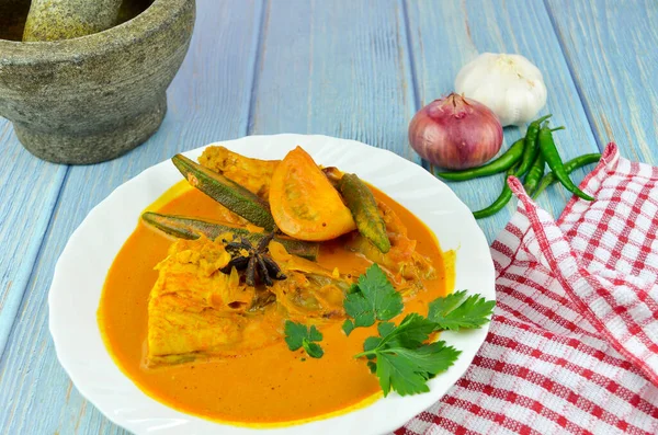 Spicy Tasty Fish Curry Dish Traditional Malaysian Cuisine Selective Focus — Stock Photo, Image