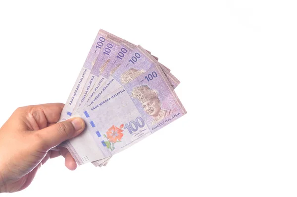 Zeiger Mit 100 Ringgit Malaysia Myr Geld Mit Überweißem Hintergrund — Stockfoto