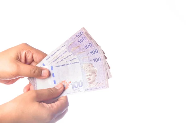 Zeiger Mit 100 Ringgit Malaysia Myr Geld Mit Überweißem Hintergrund — Stockfoto