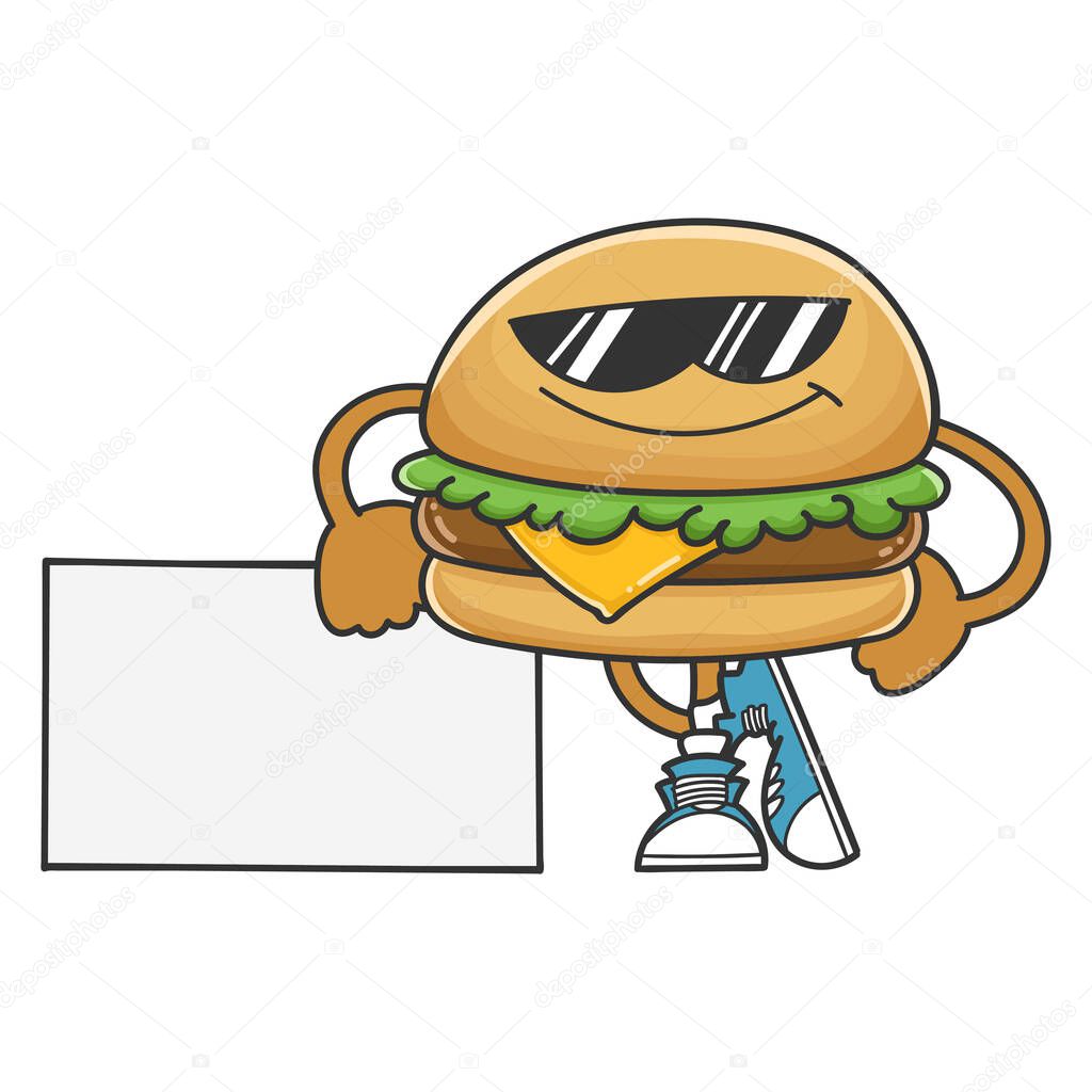 Hamburger cartoon character with sunglasses isolated on white background