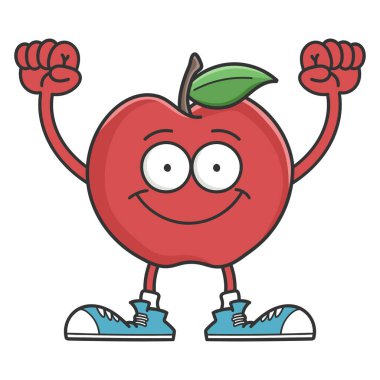 Kırmızı gülümseyen elma çizgi film karakteri beyaz üzerine izole edilmiş.