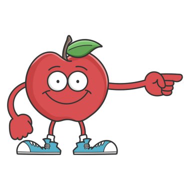 Kırmızı gülümseyen elma çizgi film karakteri beyaz üzerine izole edilmiş.