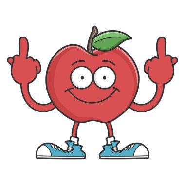 Kırmızı gülümseyen elmalı çizgi film karakteri orta parmaklarını beyaza izole ediyor.