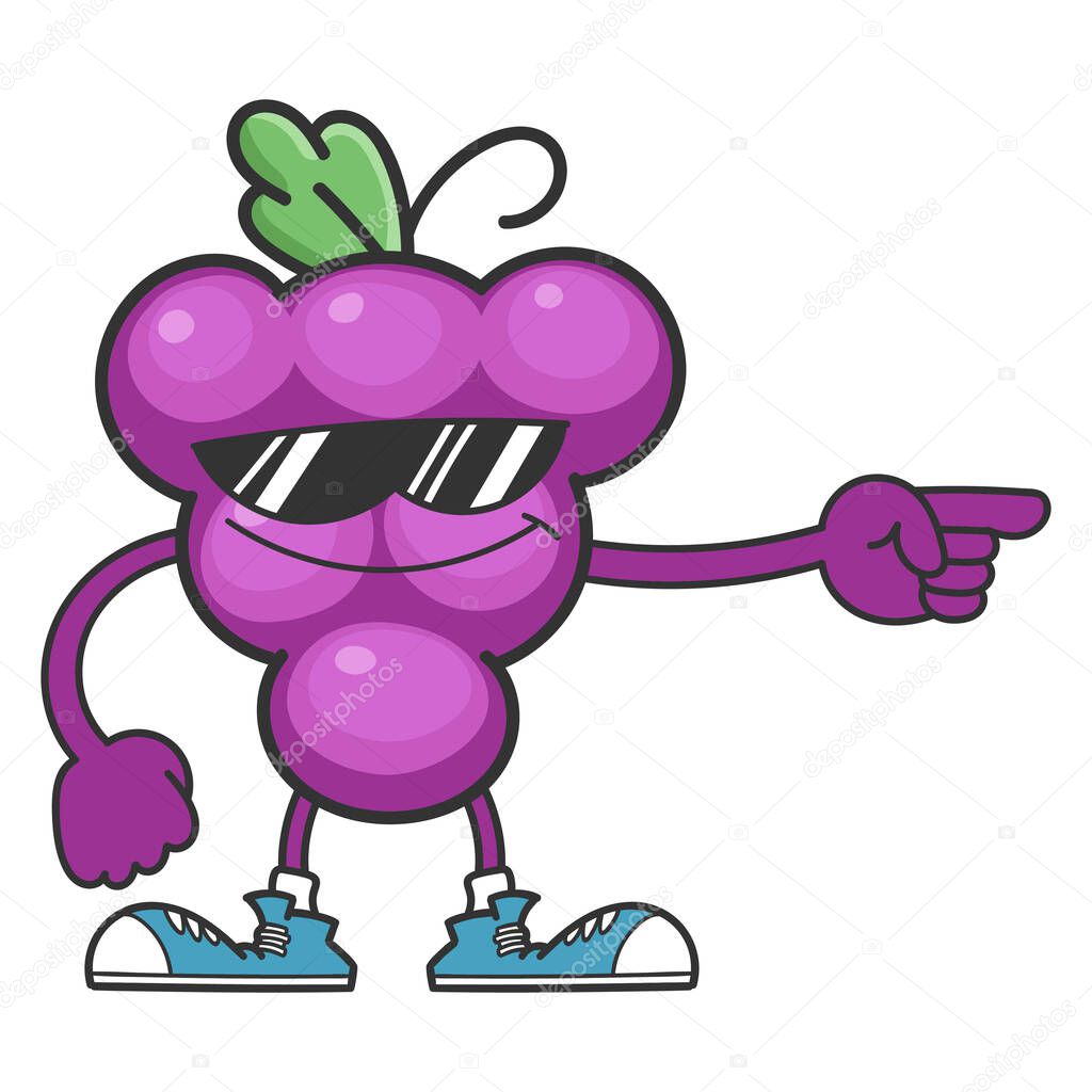 Grape cartoon character with sunglasses isolated on white background