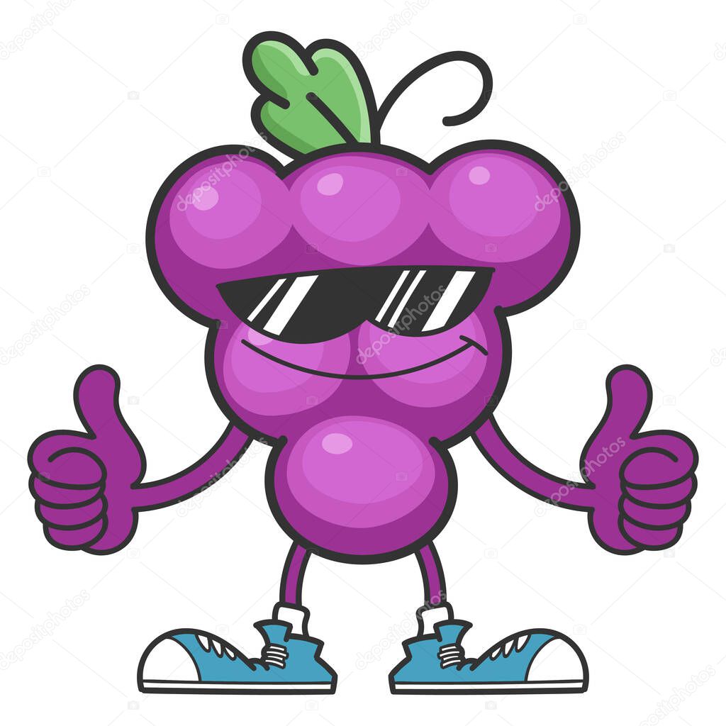 Grape cartoon character with sunglasses isolated on white background
