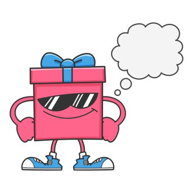 Beyaz üzerine izole edilmiş güneş gözlüklü pembe hediye kutusu çizgi filmi.