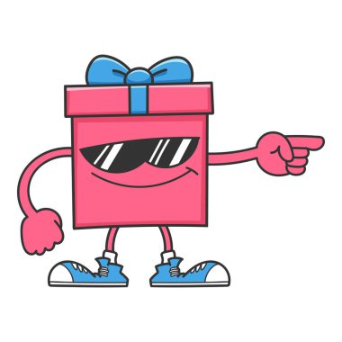 Beyaz üzerine izole edilmiş güneş gözlüklü pembe hediye kutusu çizgi filmi.