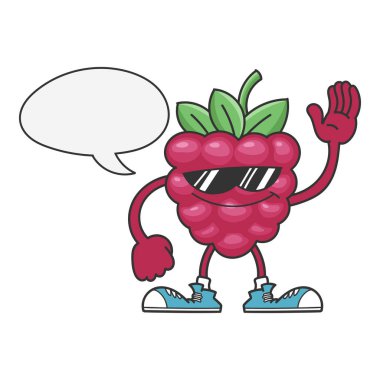 Güneş gözlüklü ahududu beyaz üzerine izole edilmiş çizgi film karakteri