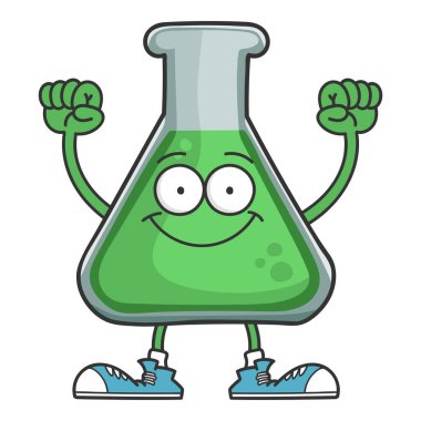 Mutlu gülümseyen deney şişesi çizgi film karakteri beyaza izole edilmiş.