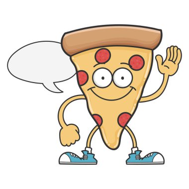 Gülümseyen mutlu pizza çizgi film karakteri.