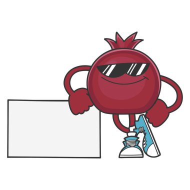 Güneş gözlüklü, gülümseyen nar meyvesi beyaz arka planda izole edilmiş çizgi film karakteri.