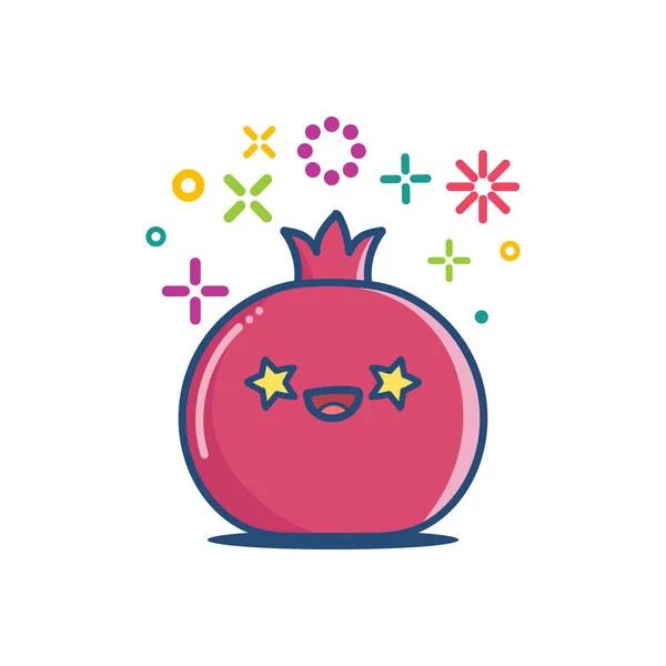 Kawaii Granátová Jablka Ikona Ovoce Kreslené Izolované Bílém Pozadí — Stockový vektor