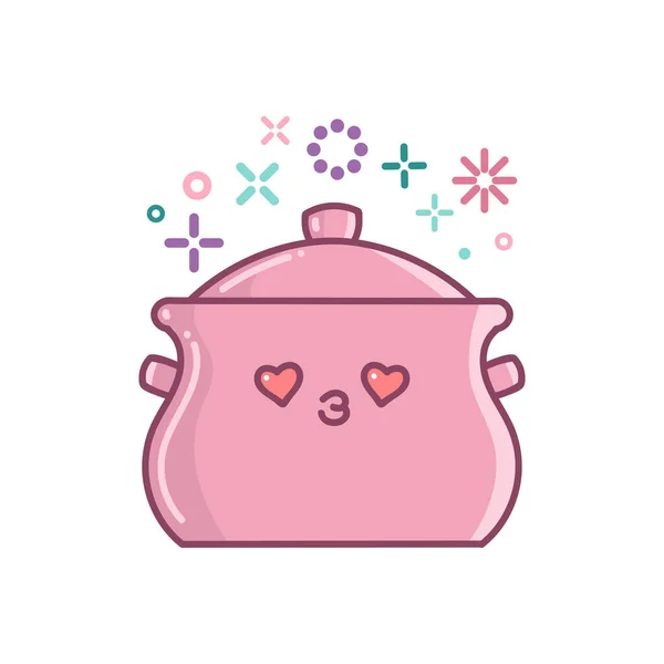 Kawaii Grote Keuken Kookpot Cartoon Illustratie Geïsoleerd Witte Achtergrond — Stockvector