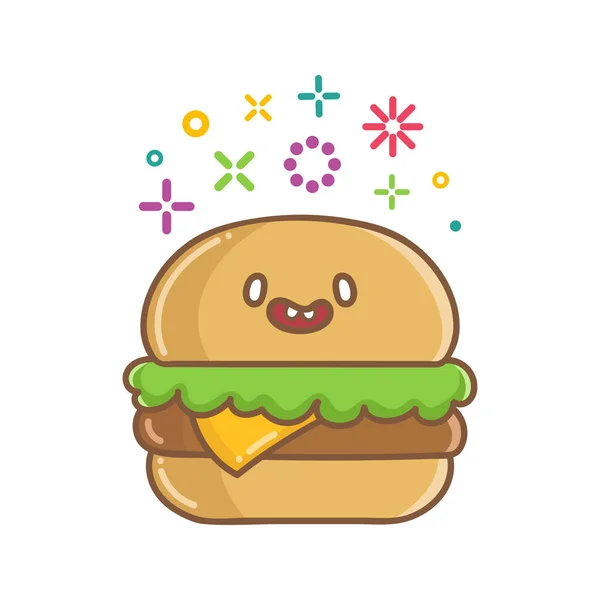 Kawaii Hamburger Kanapka Ikona Rysunek Ilustracja Izolowane Białym Tle — Wektor stockowy