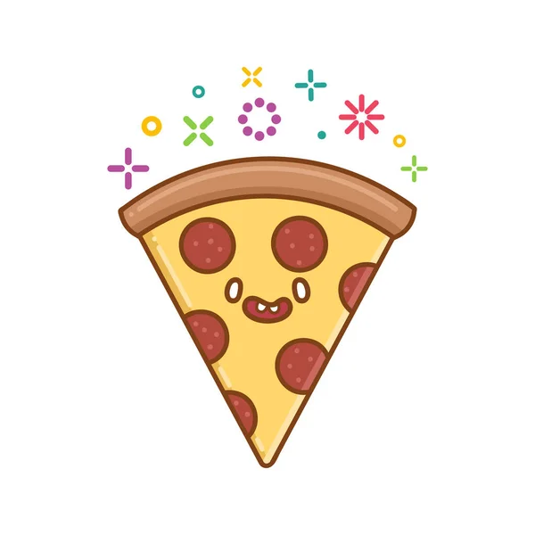 Kawaii Pizza Plasterek Ikona Rysunek Ilustracja Izolowane Białym Tle — Wektor stockowy