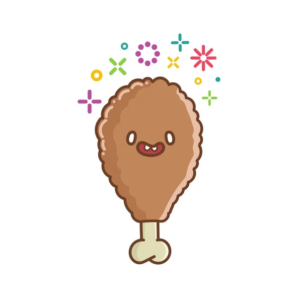 Kawaii Sonriendo Pollo Frito Icono Muslo Ilustración Dibujos Animados Aislados — Vector de stock