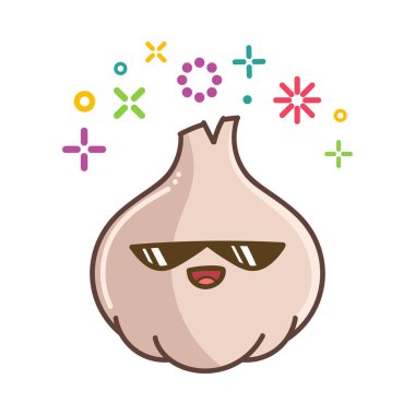 kawaii gülümseyen sarımsak ampulü çizimi beyaz arkaplanda izole edilmiş.