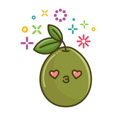 kawaii gülümseyen yeşil zeytin çizgi film çizimi beyaz arka planda izole